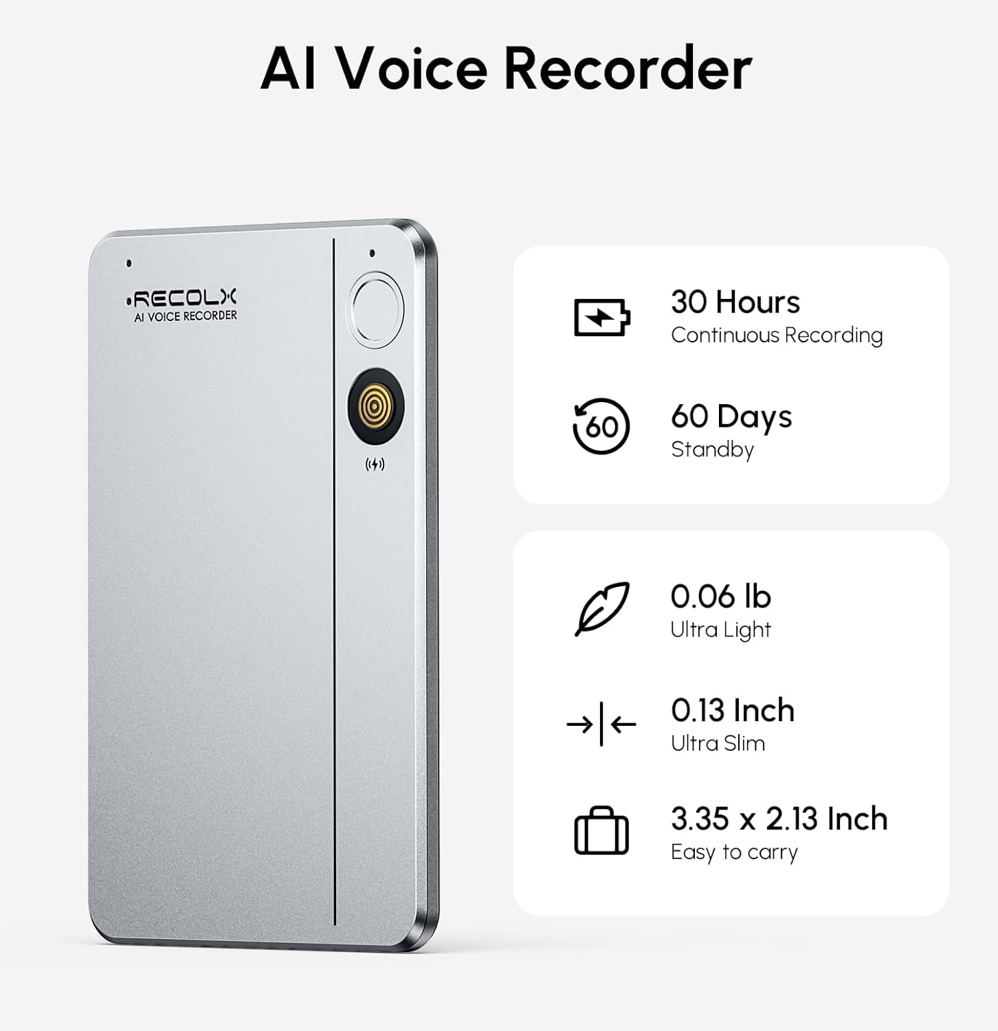 Recolx Tap AI voice recorder shown at an angle, highlighting its 0.13 inch profile and 30-hour battery life