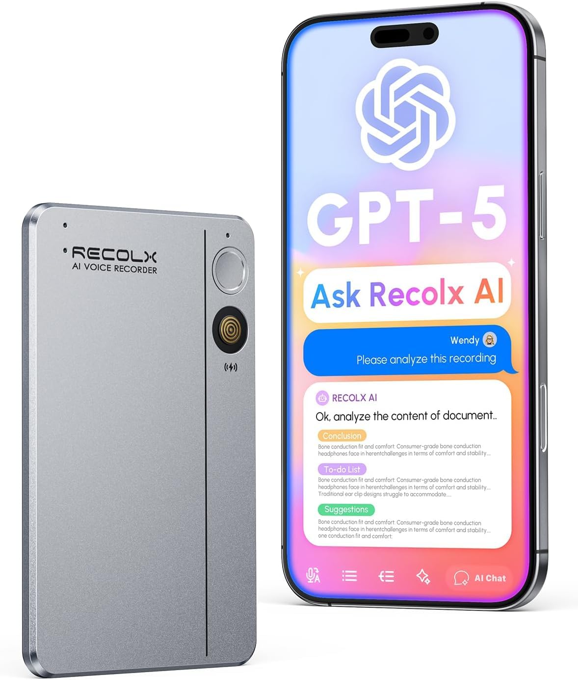 Recolx Tap recorder beside a phone running the Recolx AI app