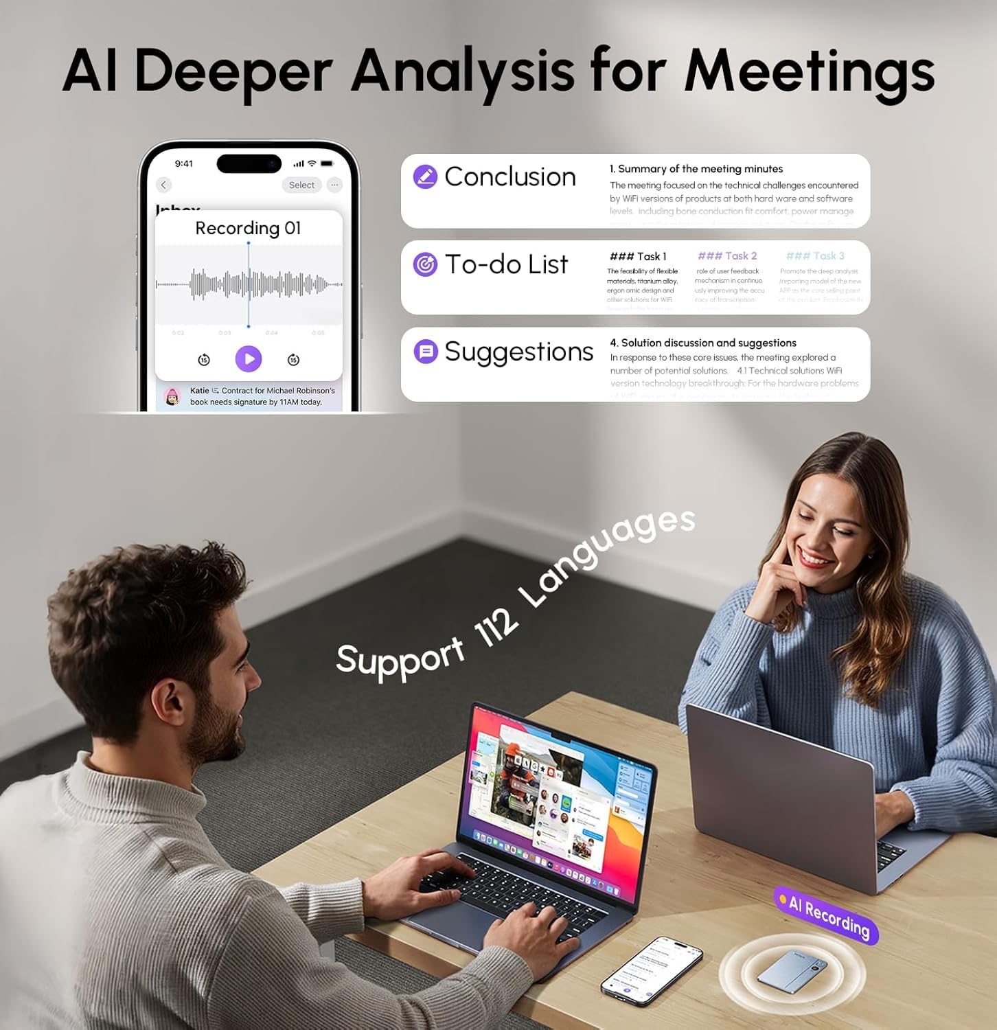 Recolx AI meeting analysis showing conclusion, to-do list, and suggestions