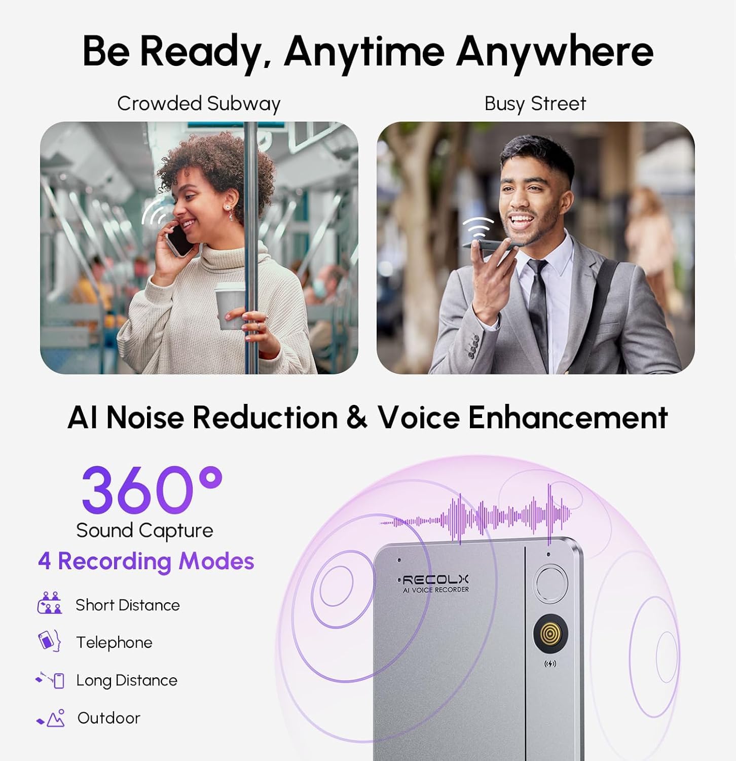 Illustration of Recolx Tap's 360-degree sound capture and AI noise reduction