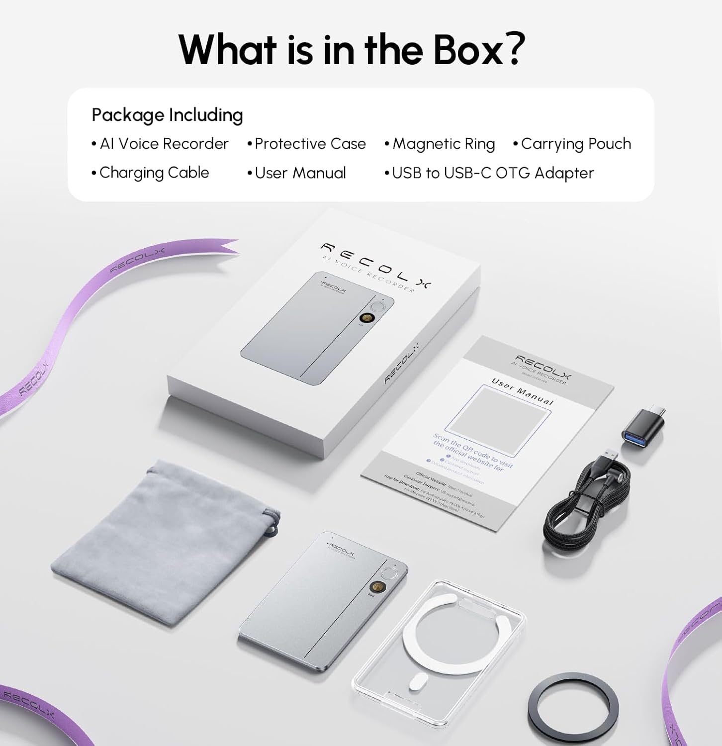Everything included with Recolx Tap: recorder, case, magnetic ring, cable